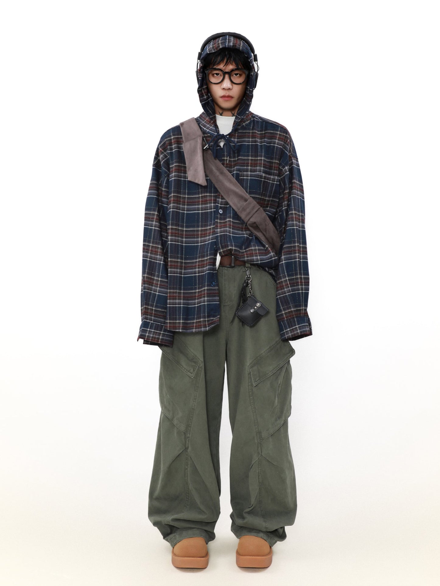 MRNEARLY Plaid Hooded Flannel Jacket with Shadow Design