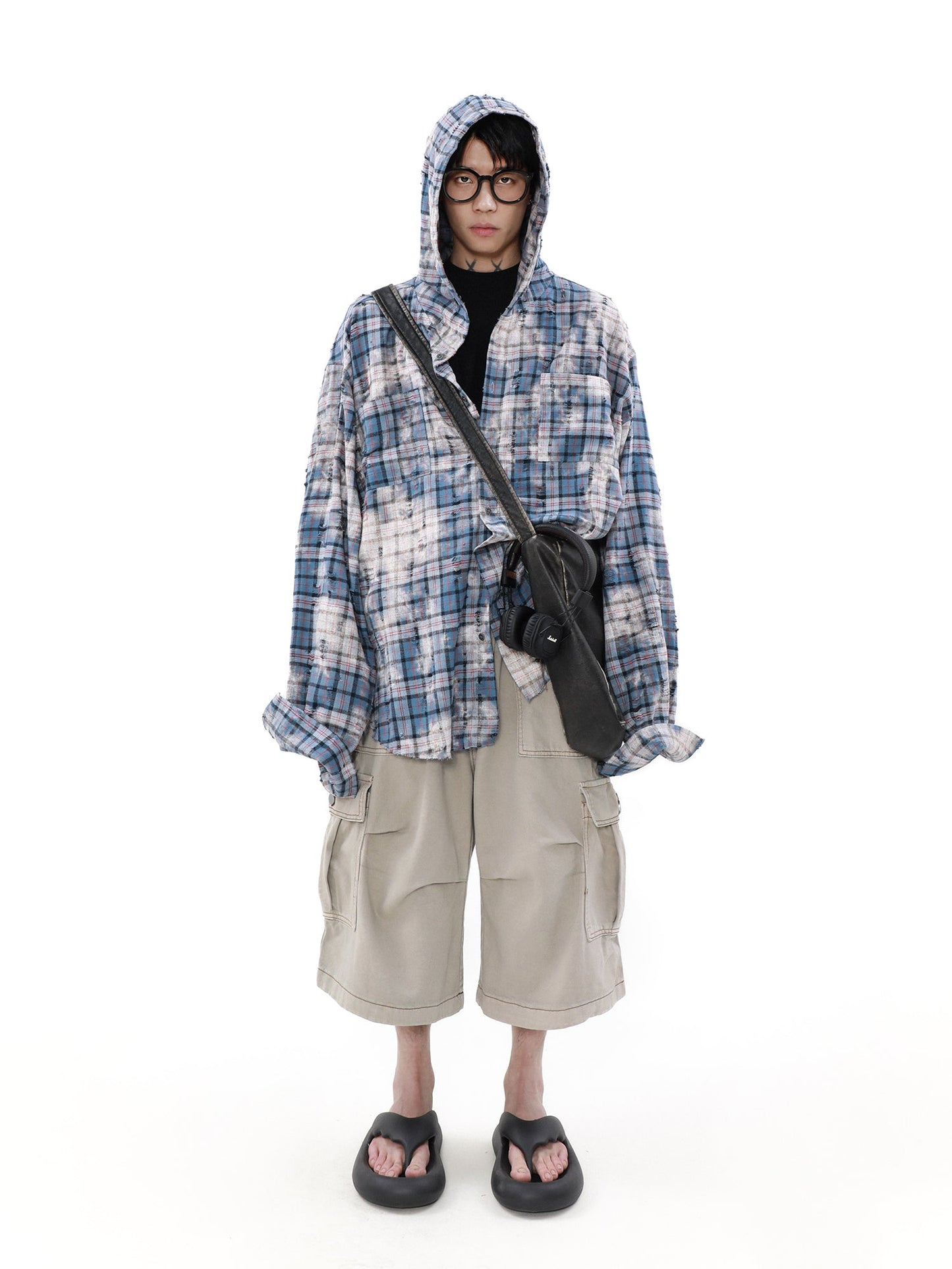 MRNEARLY Distressed Horizon Flannel Jacket with Hood