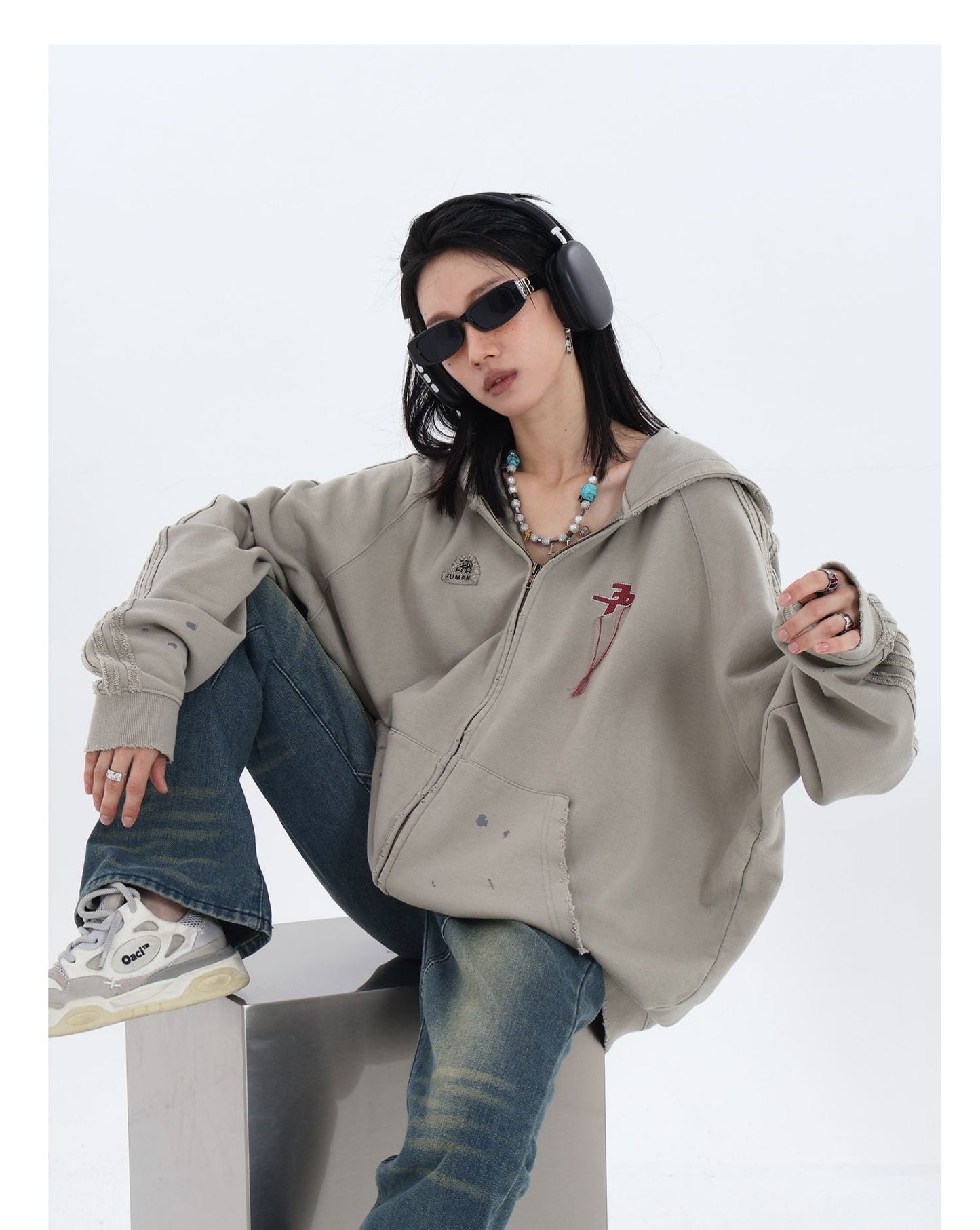 JUMPNEXT Distressed Striped Zip-Up Jacket