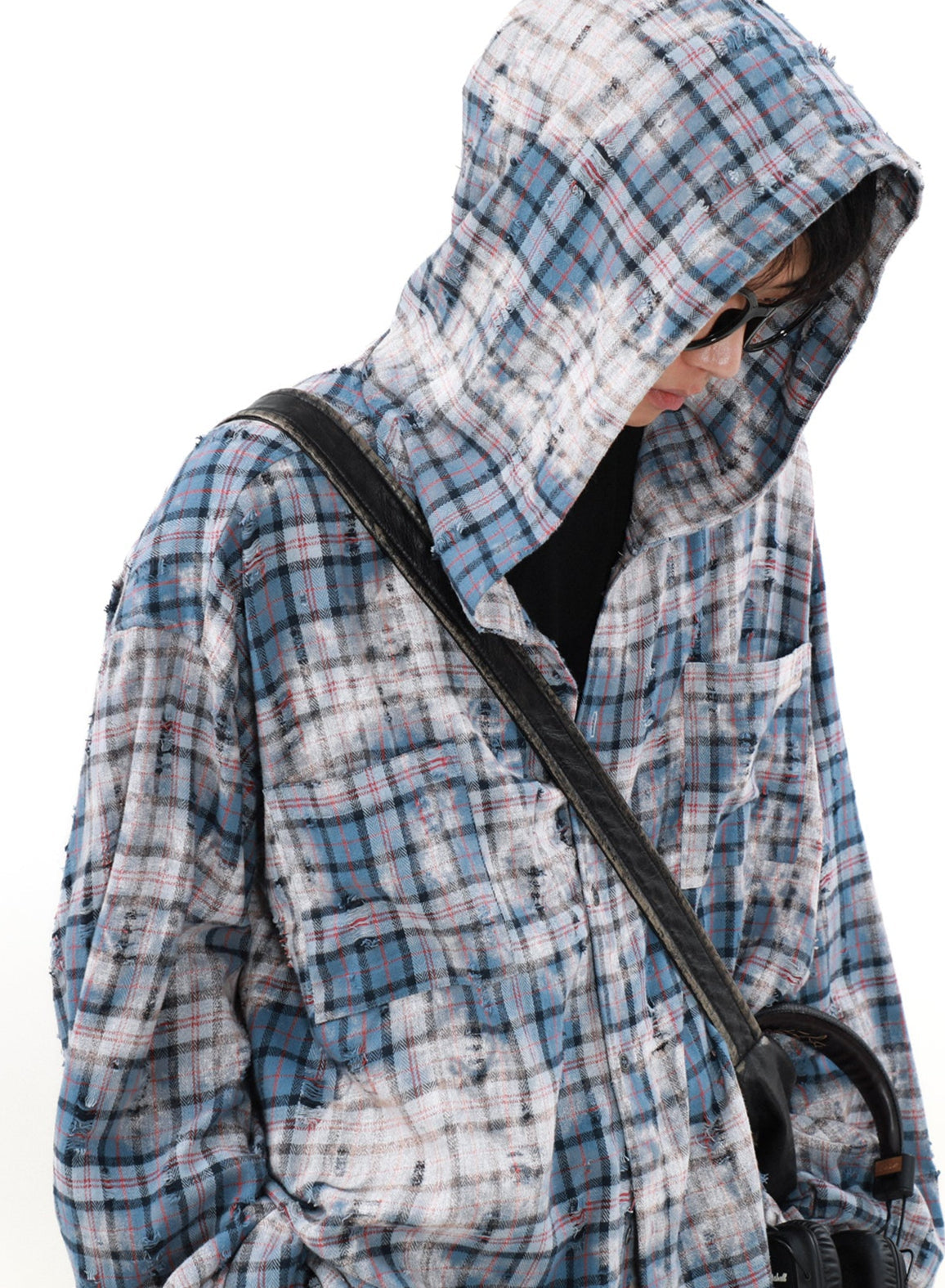 MRNEARLY Distressed Horizon Flannel Jacket with Hood