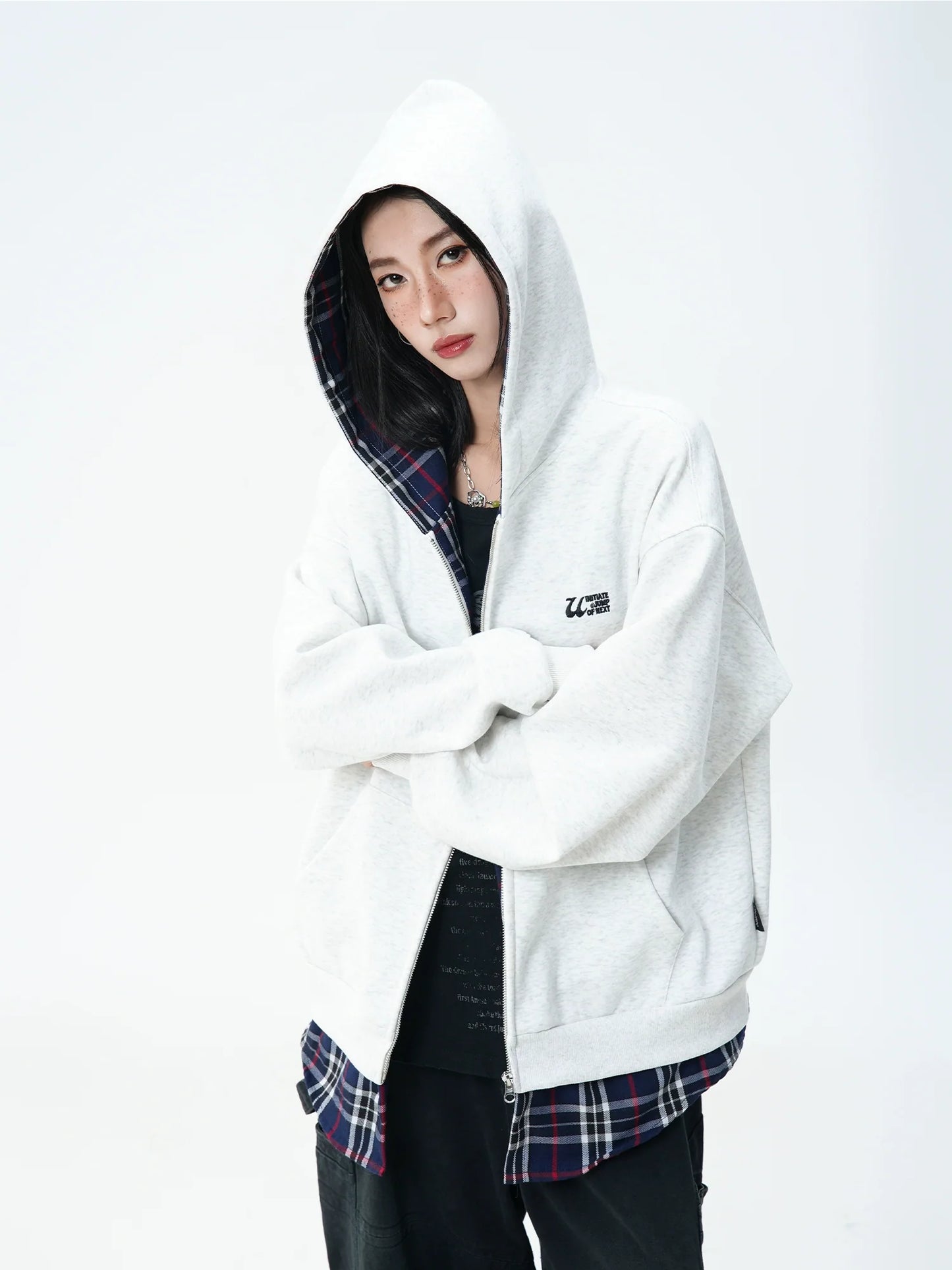 JUMPNEXT Plaid Layered Zip-Up Jacket with Lining