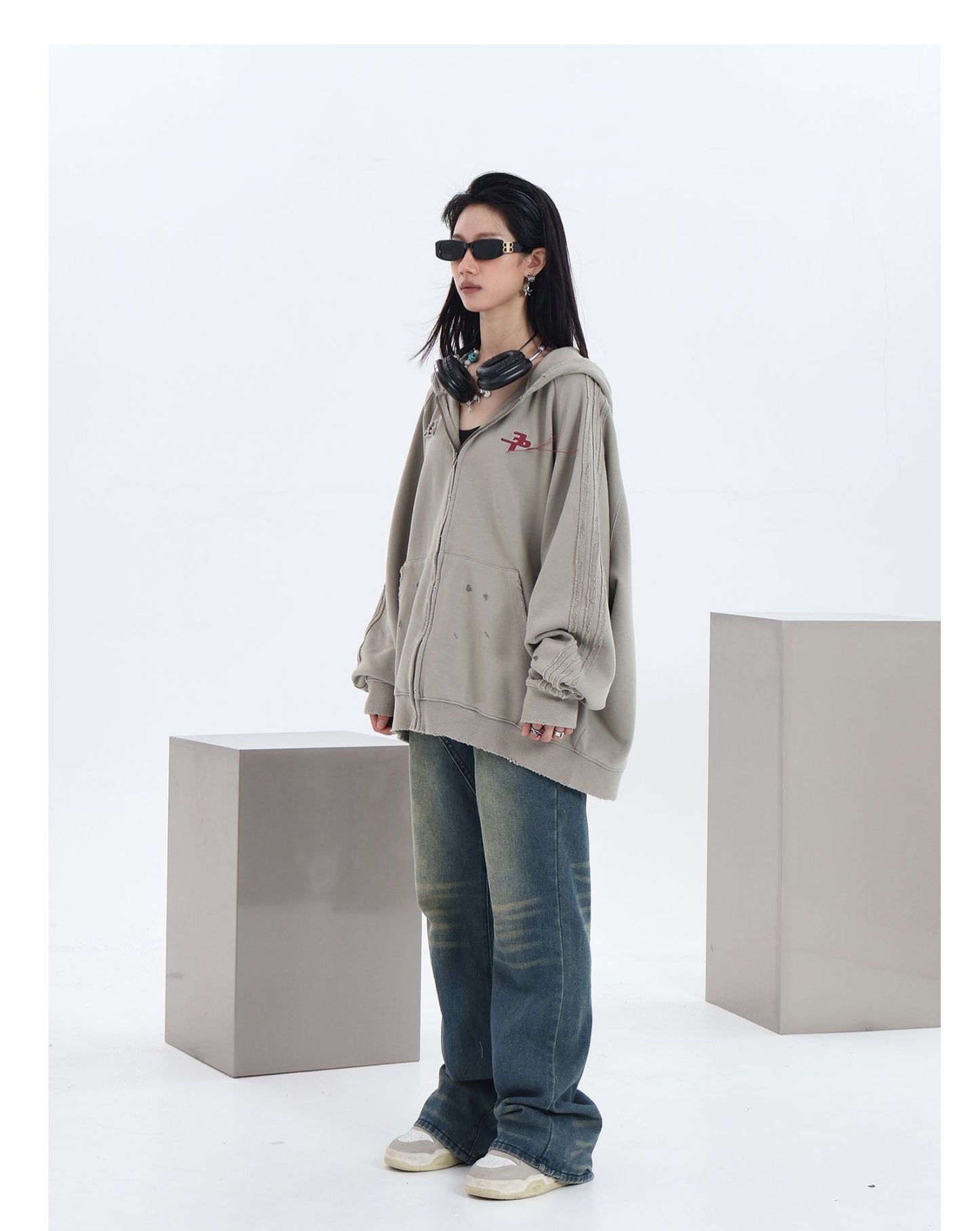 JUMPNEXT Distressed Striped Zip-Up Jacket