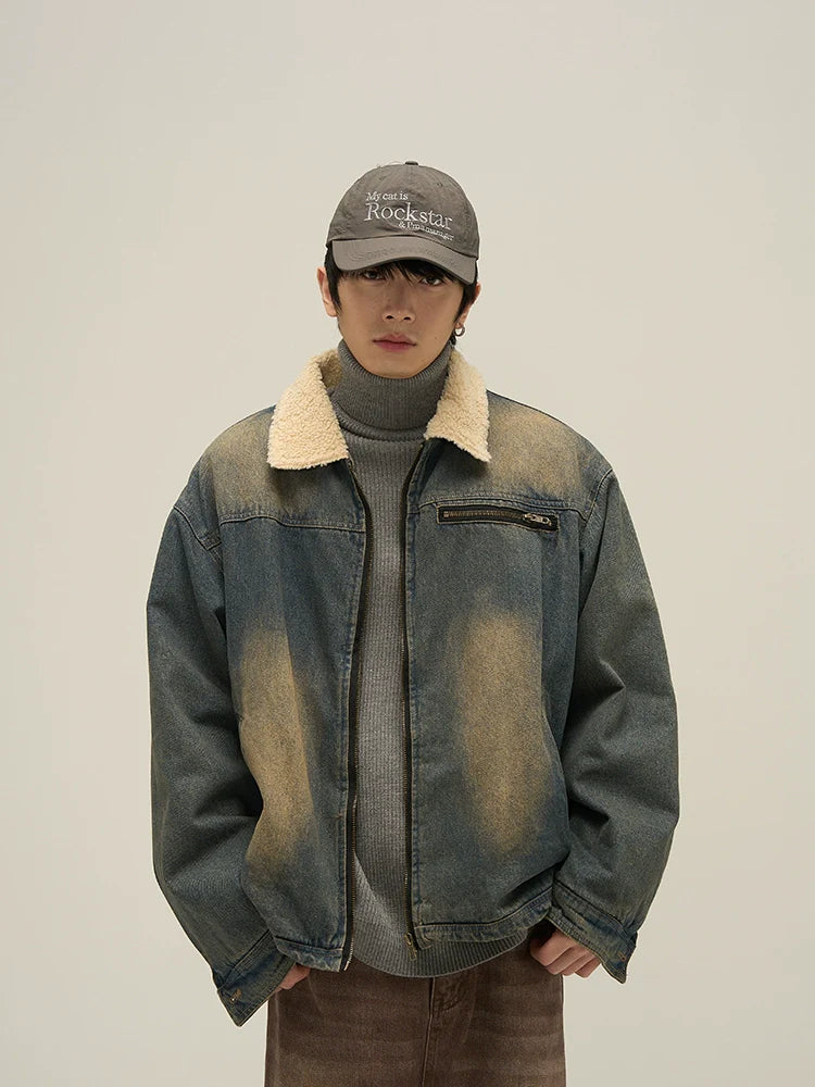 Faded Denim Jacket with Cozy Faux Fur Lining