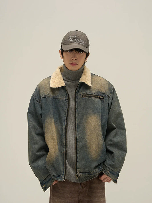 Faded Denim Jacket with Cozy Faux Fur Lining