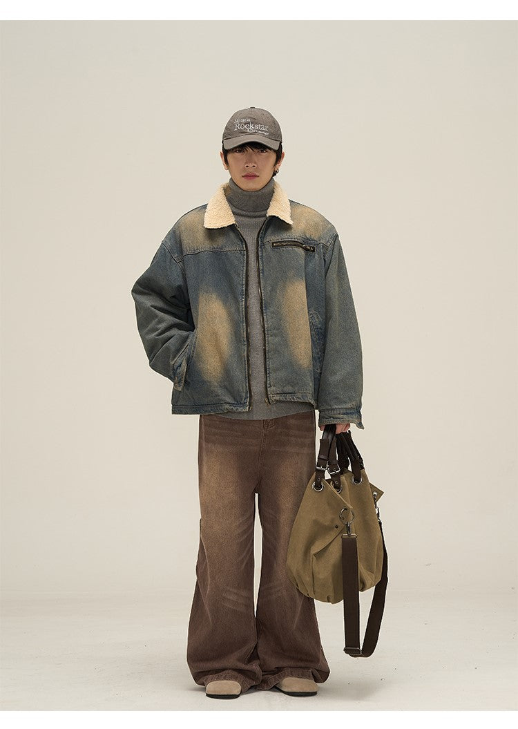 Faded Denim Jacket with Cozy Faux Fur Lining