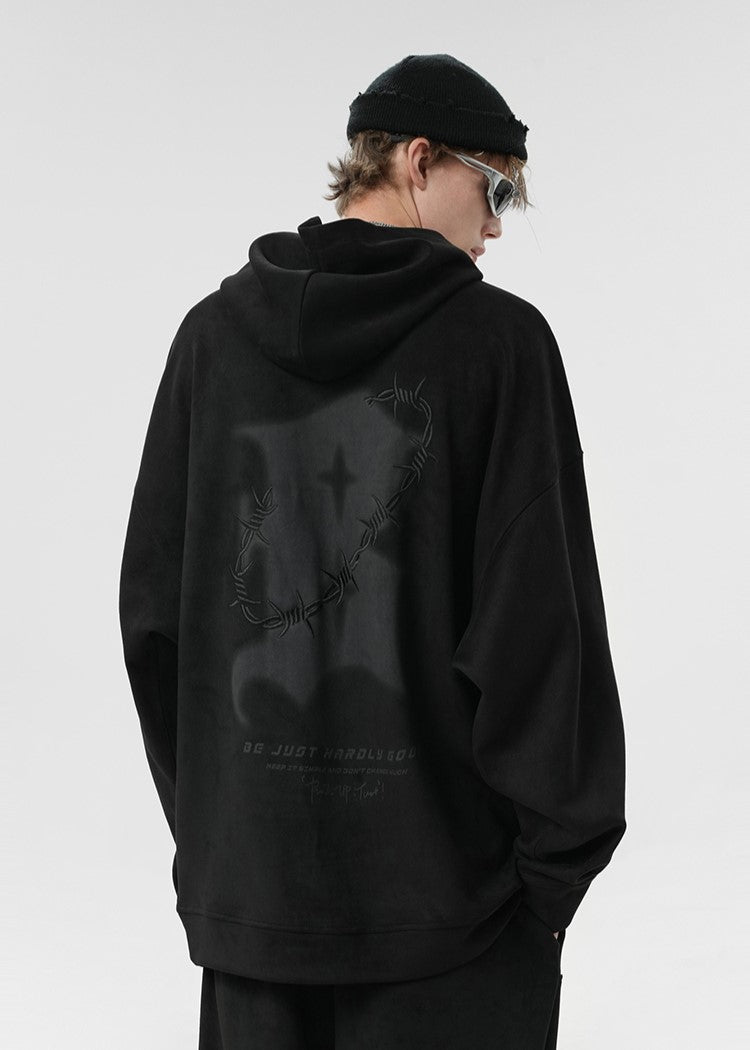 BJHG Suede Hoodie with Embroidered Thorn Design