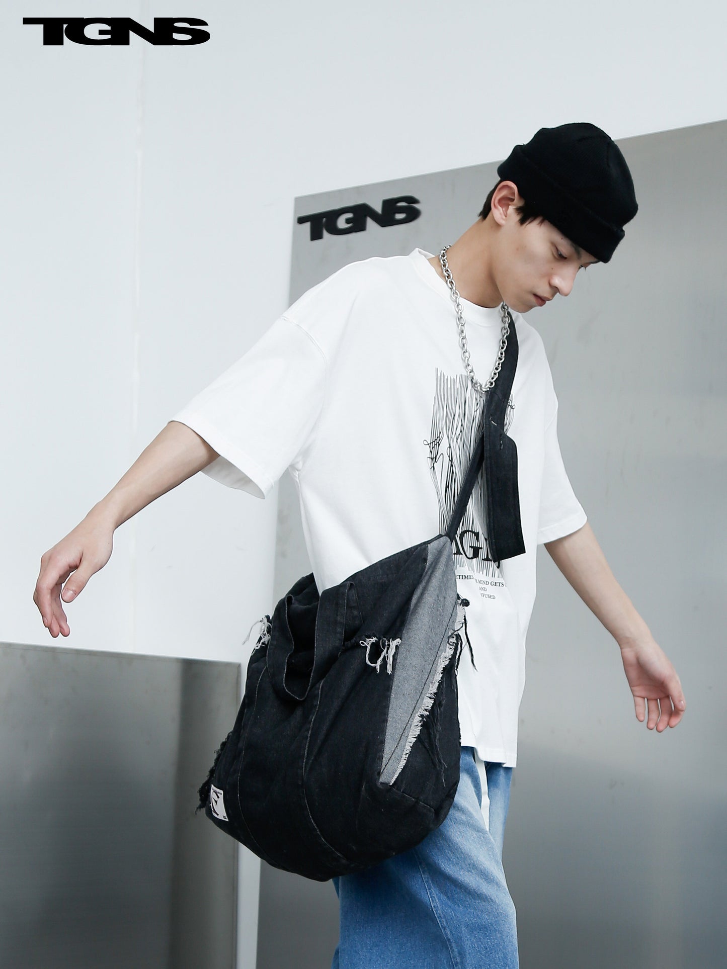 TGNS Distressed Washed Denim Messenger Bag