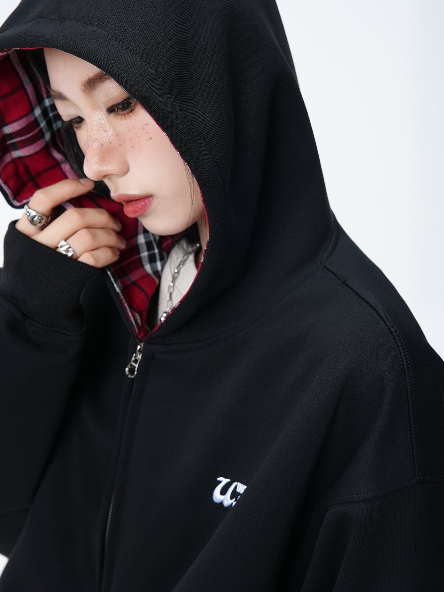 JUMPNEXT Plaid Layered Zip-Up Jacket with Lining