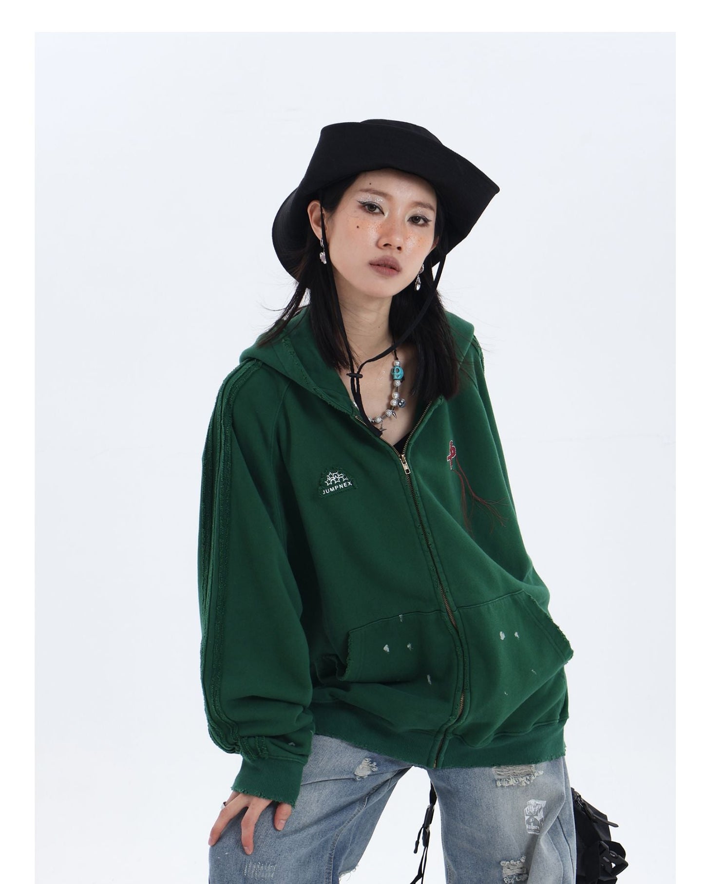 JUMPNEXT Distressed Striped Zip-Up Jacket