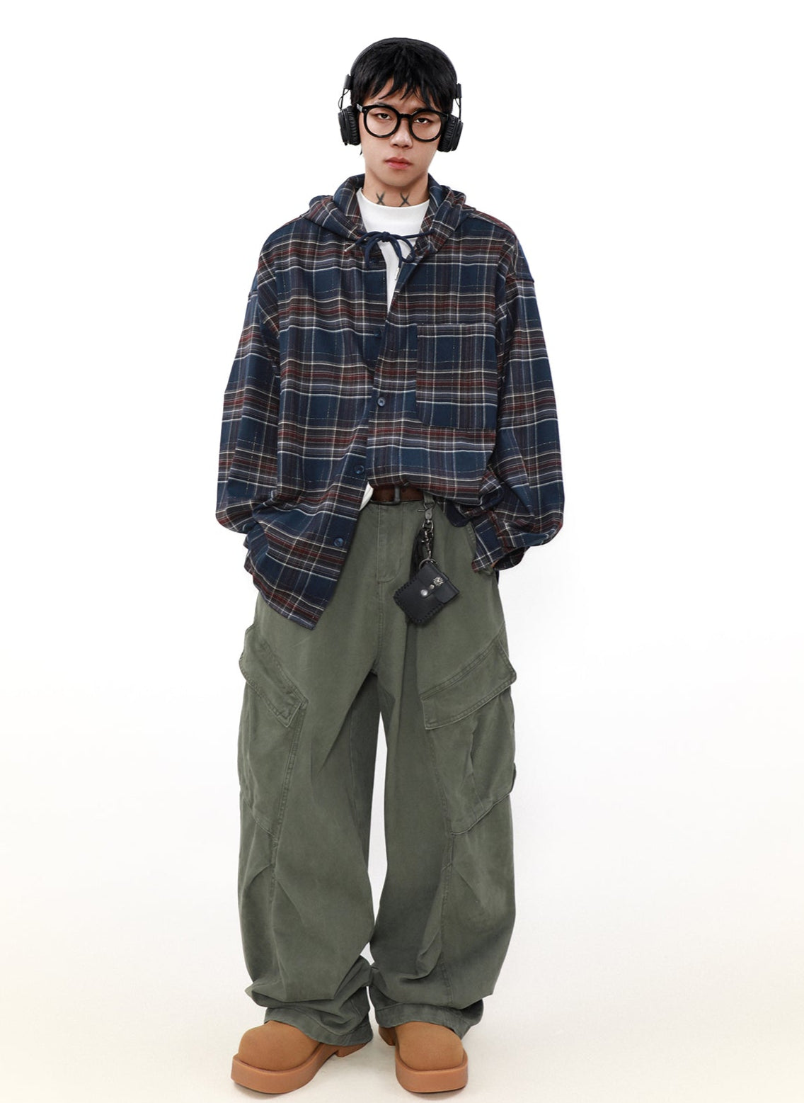 MRNEARLY Plaid Hooded Flannel Jacket with Shadow Design
