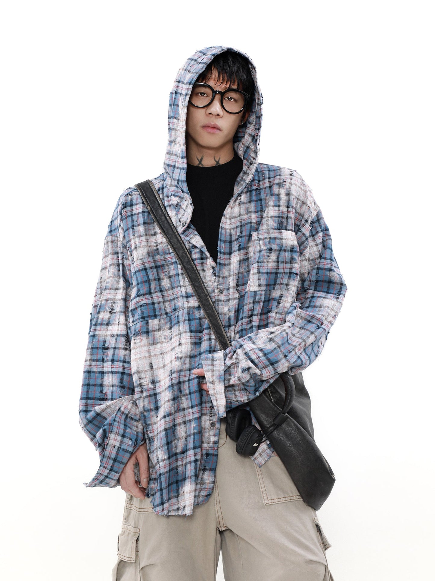 MRNEARLY Distressed Horizon Flannel Jacket with Hood