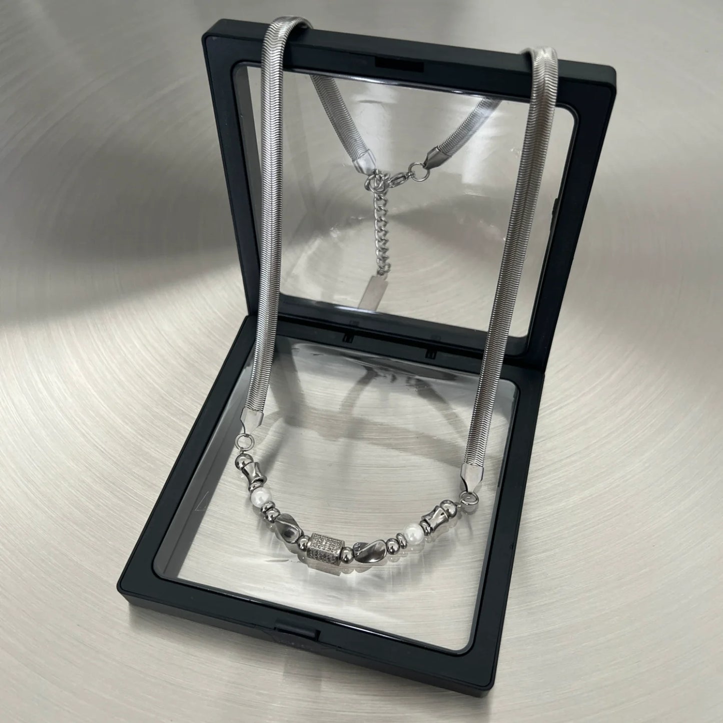 MINBIN Silver Snake Chain Necklace with Beaded Accents