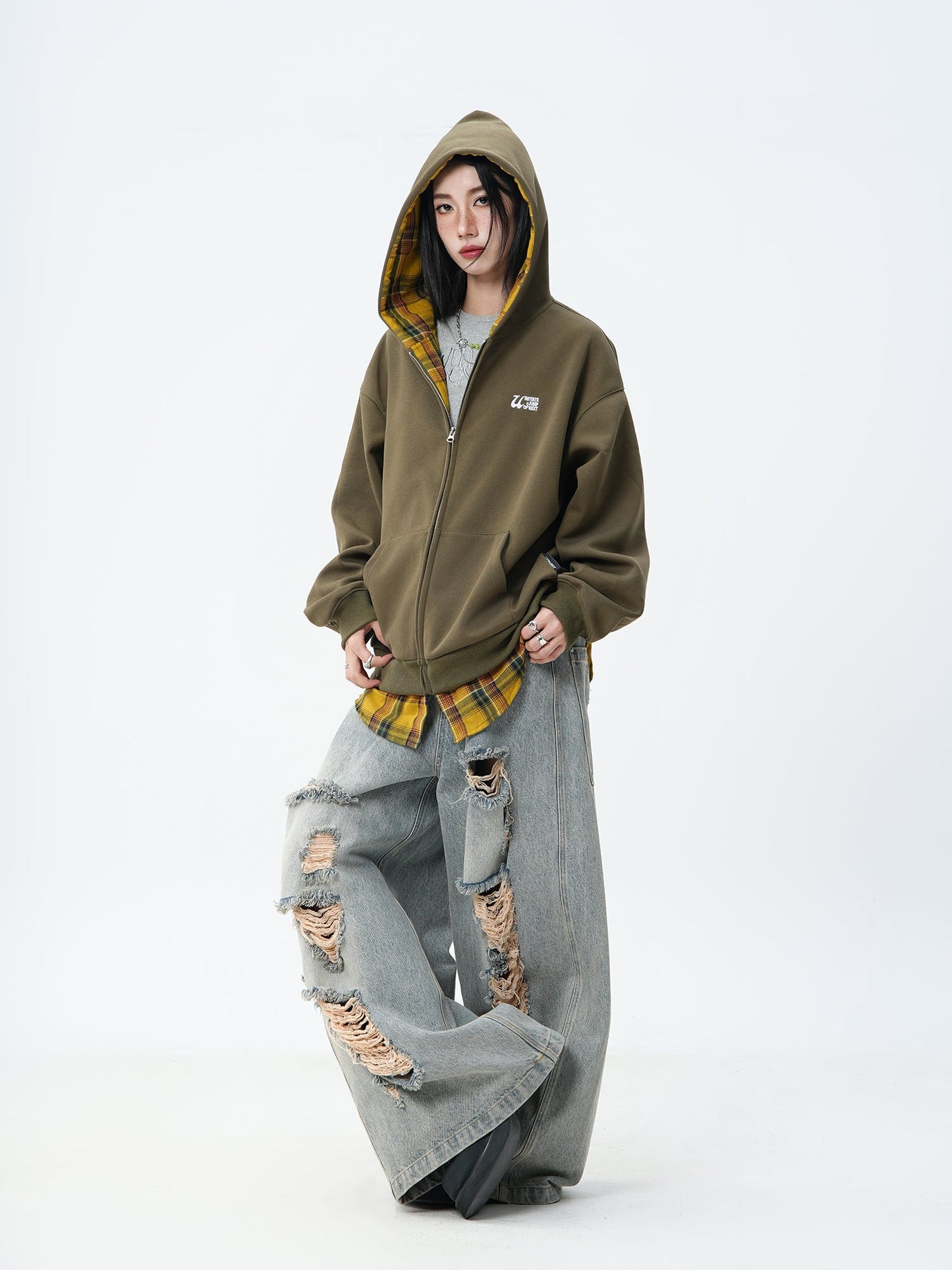 JUMPNEXT Plaid Layered Zip-Up Jacket with Lining