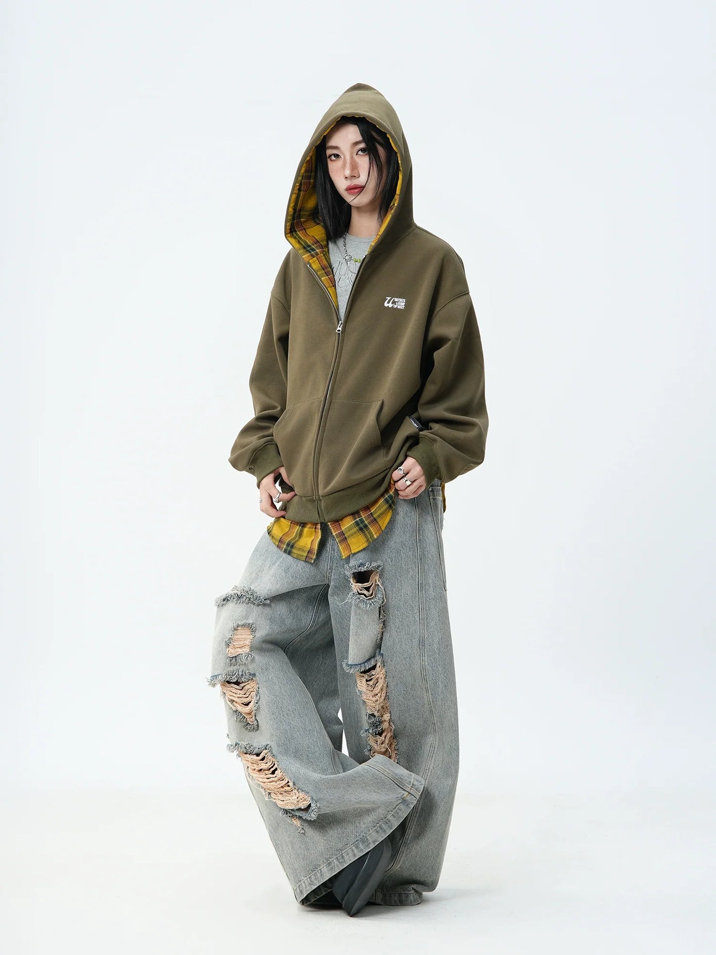 JUMPNEXT Plaid Layered Zip-Up Jacket with Lining