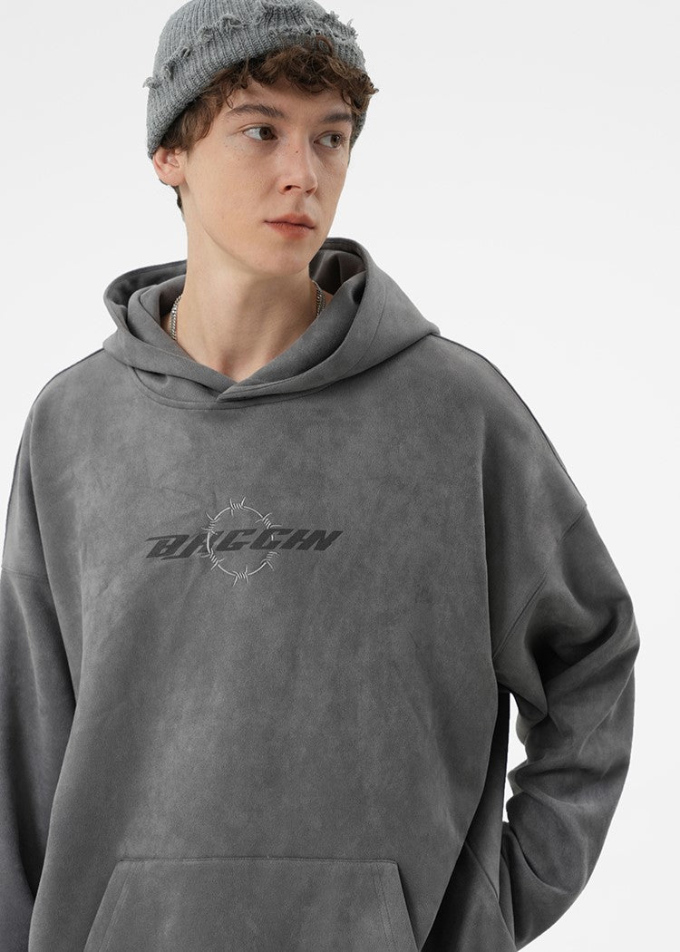 BJHG Suede Hoodie with Embroidered Thorn Design