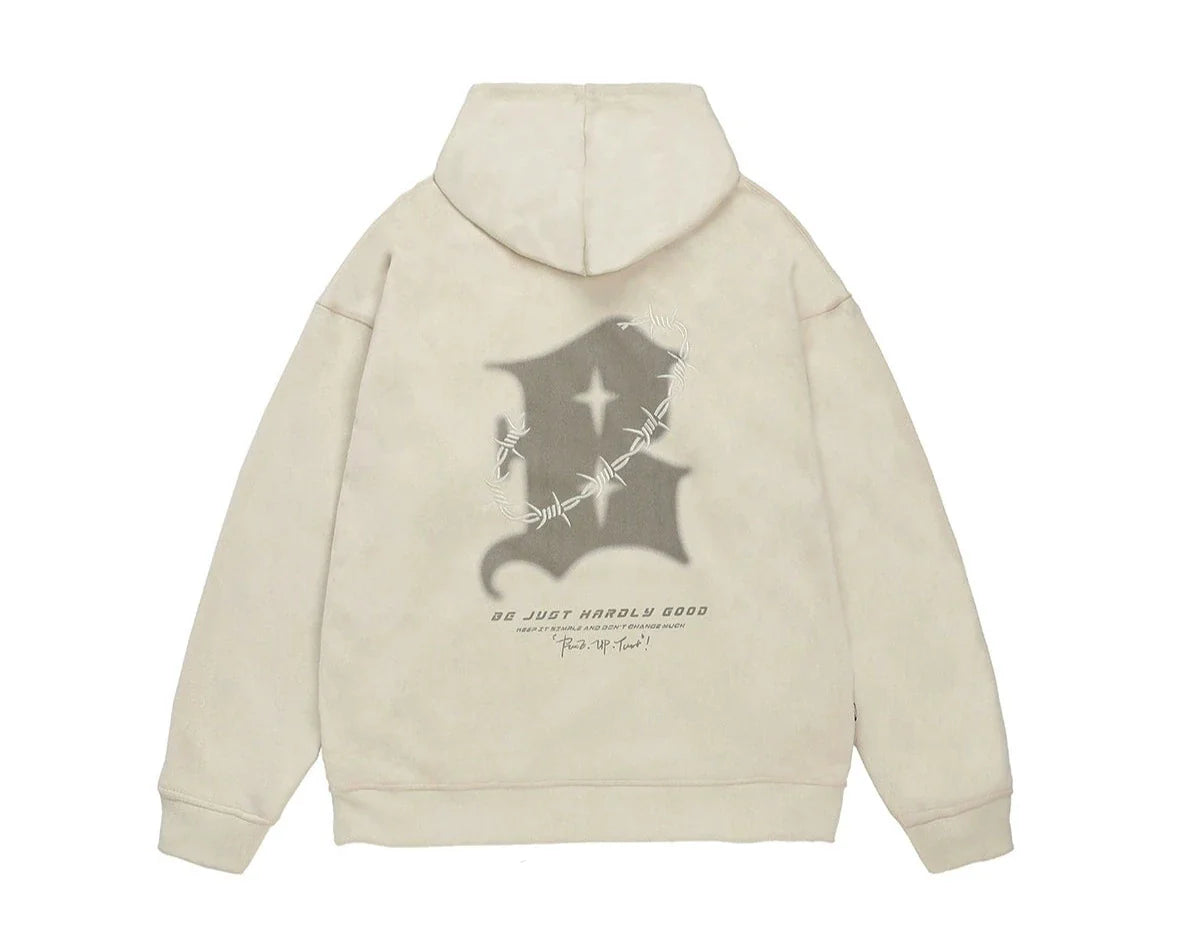 BJHG Suede Hoodie with Embroidered Thorn Design