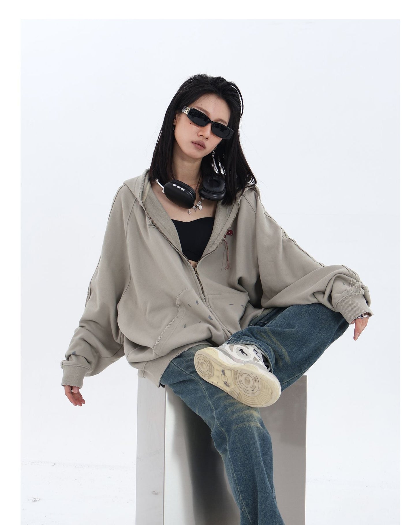 JUMPNEXT Distressed Striped Zip-Up Jacket