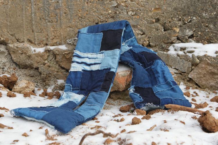 Denim Scarf with Indigo Patchwork Design