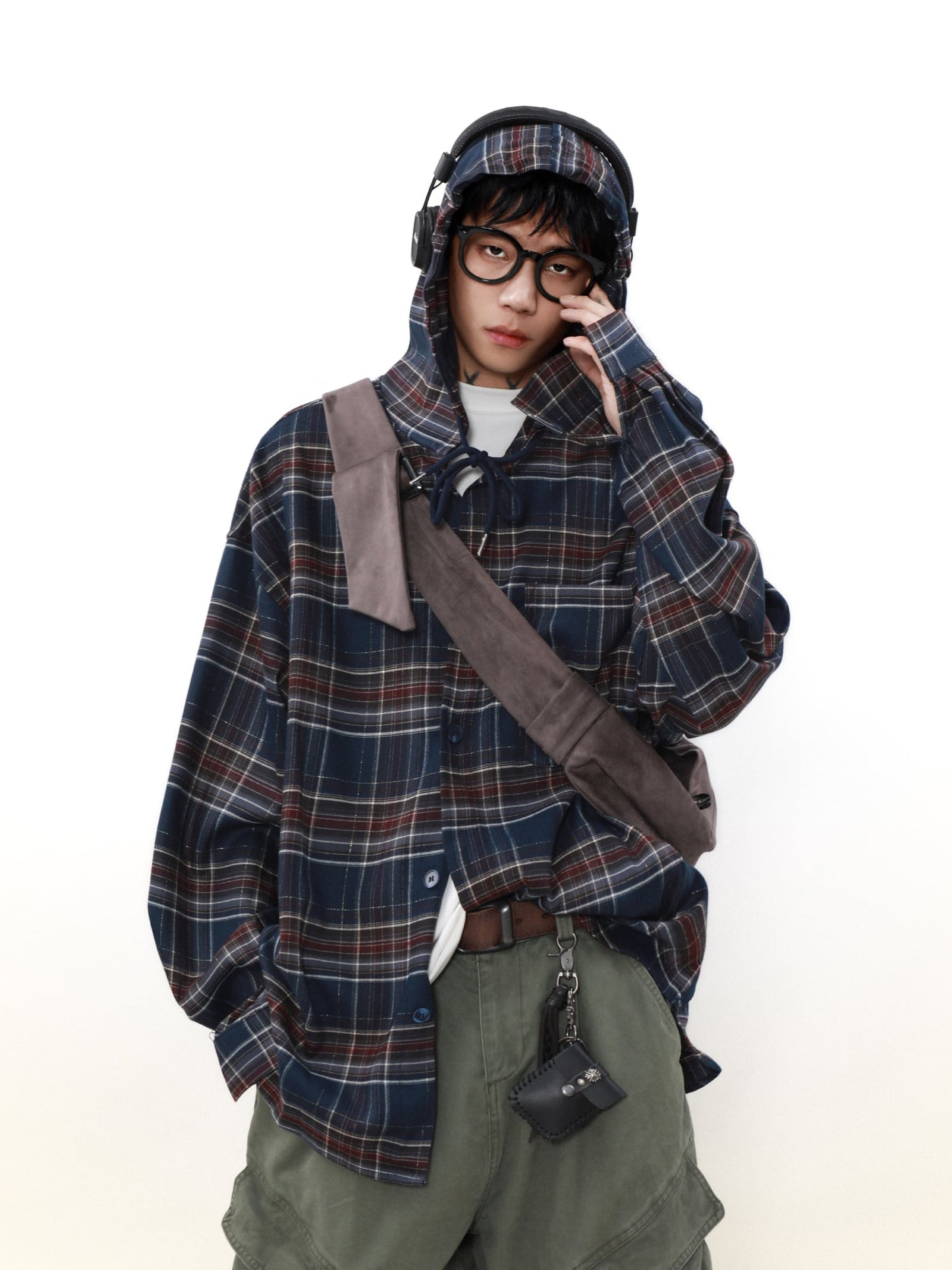 MRNEARLY Plaid Hooded Flannel Jacket with Shadow Design