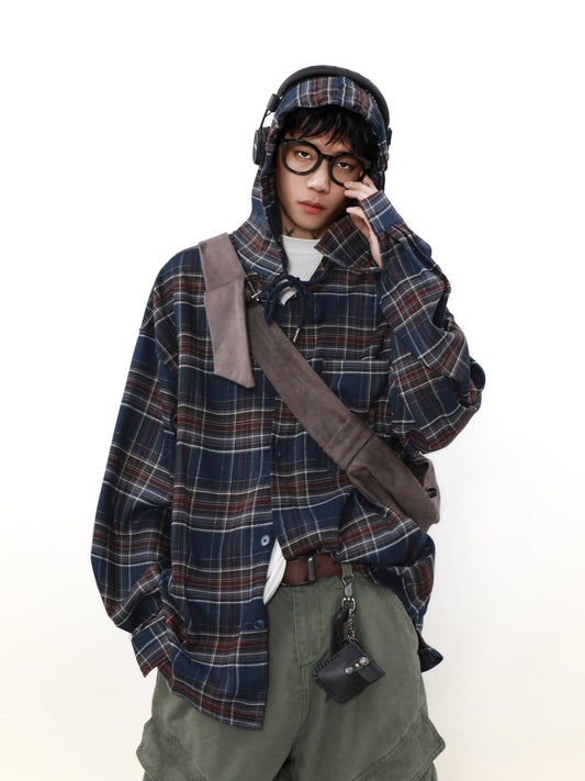 MRNEARLY Plaid Hooded Flannel Jacket with Shadow Design
