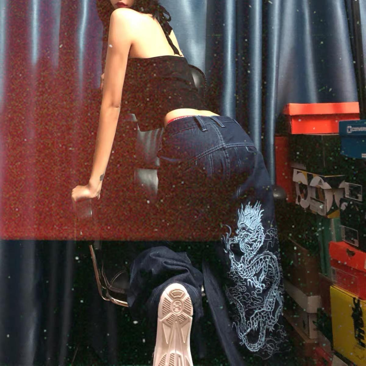 Embroidered Dragon Design Denim Jeans