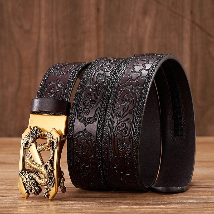 Leather Belt with Embossed Z Dragon Pendant