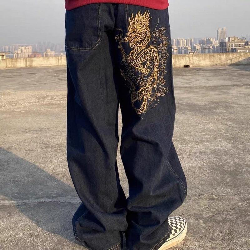 Embroidered Dragon Design Denim Jeans