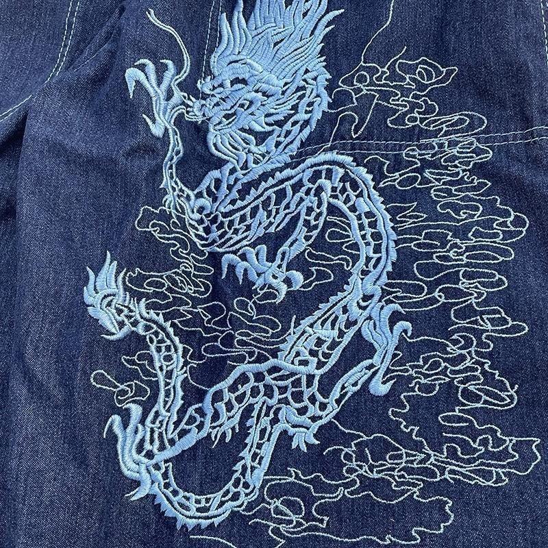 Embroidered Dragon Design Denim Jeans