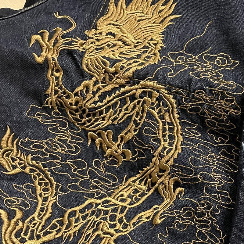 Embroidered Dragon Design Denim Jeans