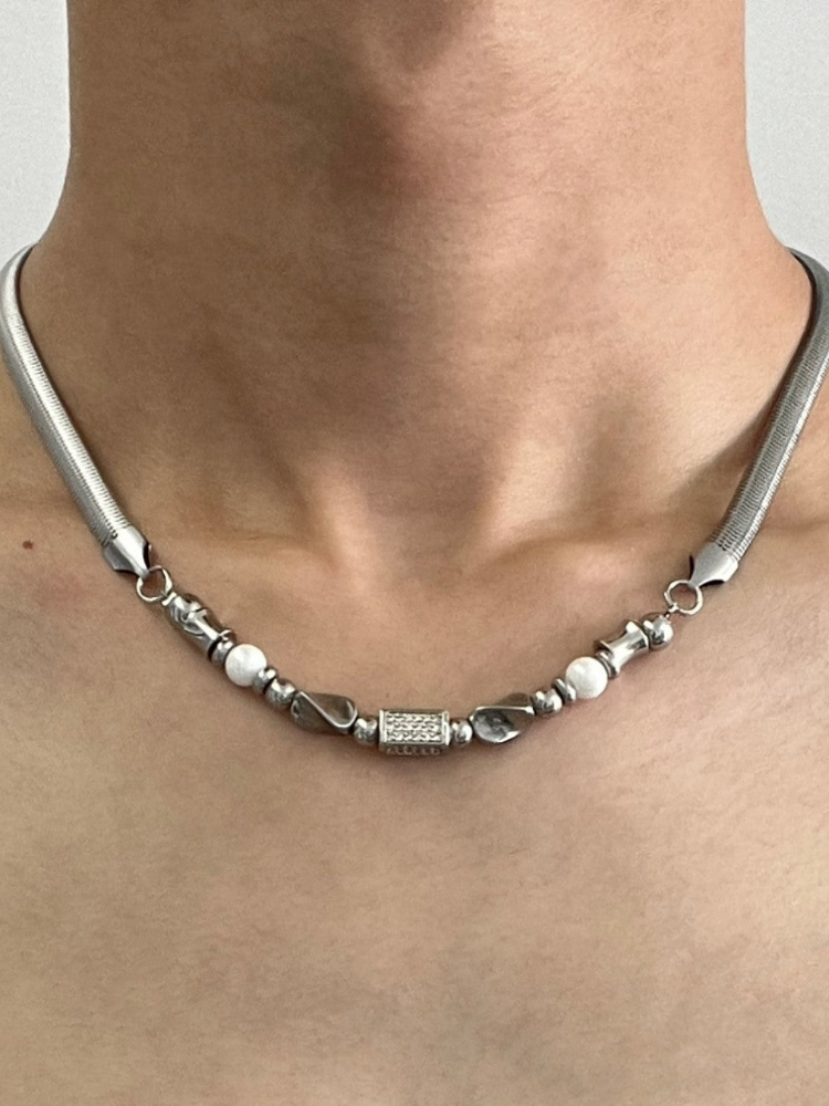 MINBIN Silver Snake Chain Necklace with Beaded Accents