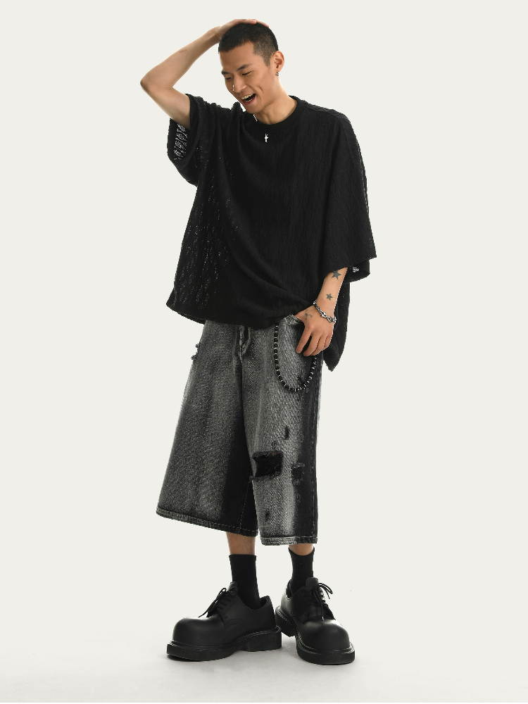 JHYQ Distressed Grunge Capri Denim Shorts