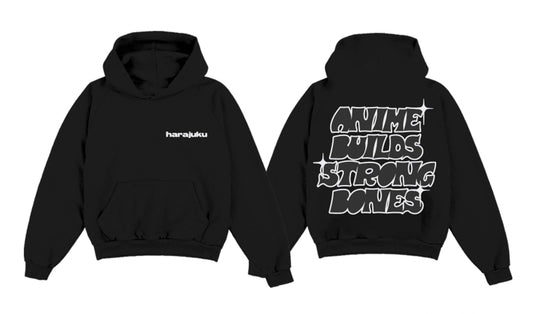 Anime Strong Bones Puff Print Hoodie - Black